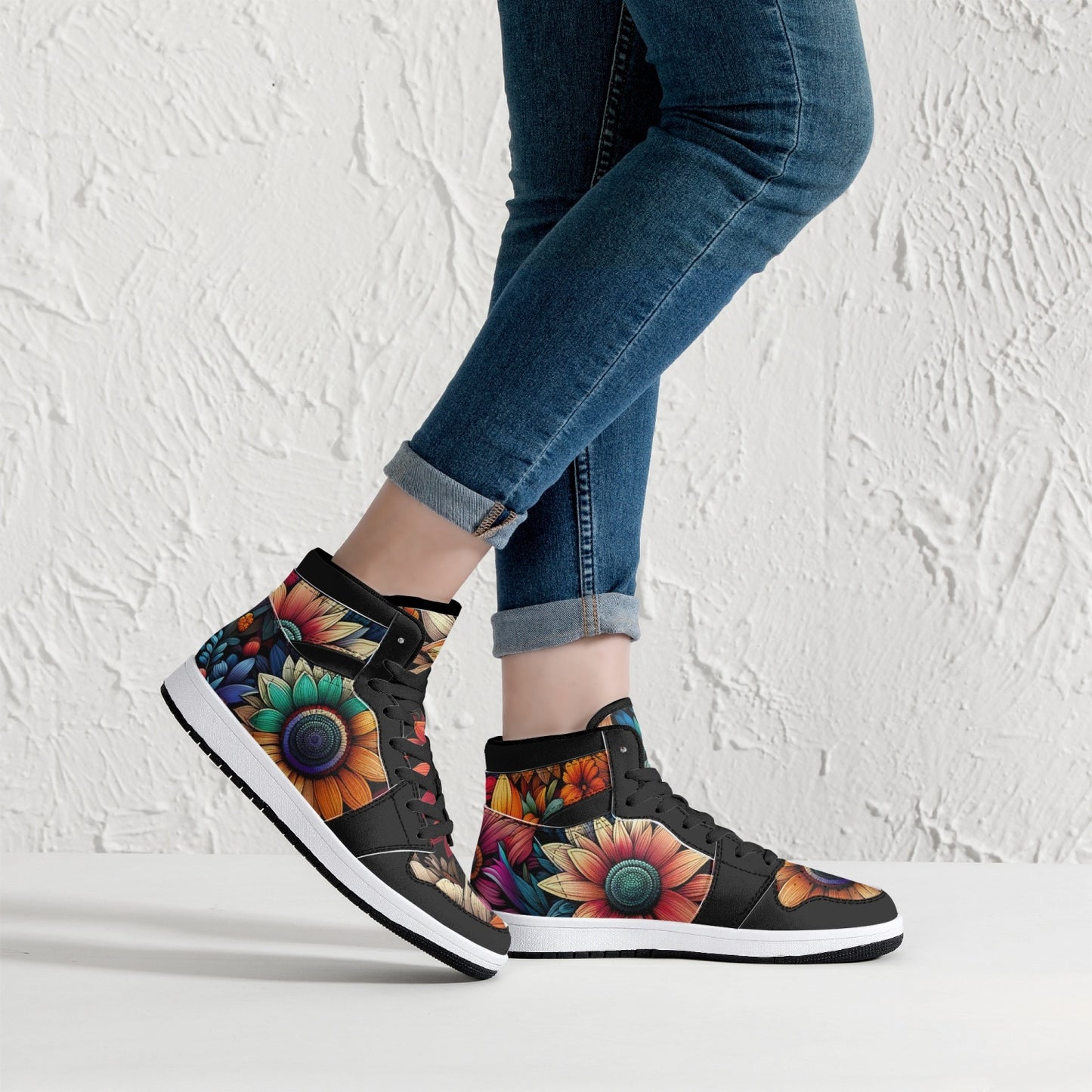 High-Top Leather Sneakers - Flowers